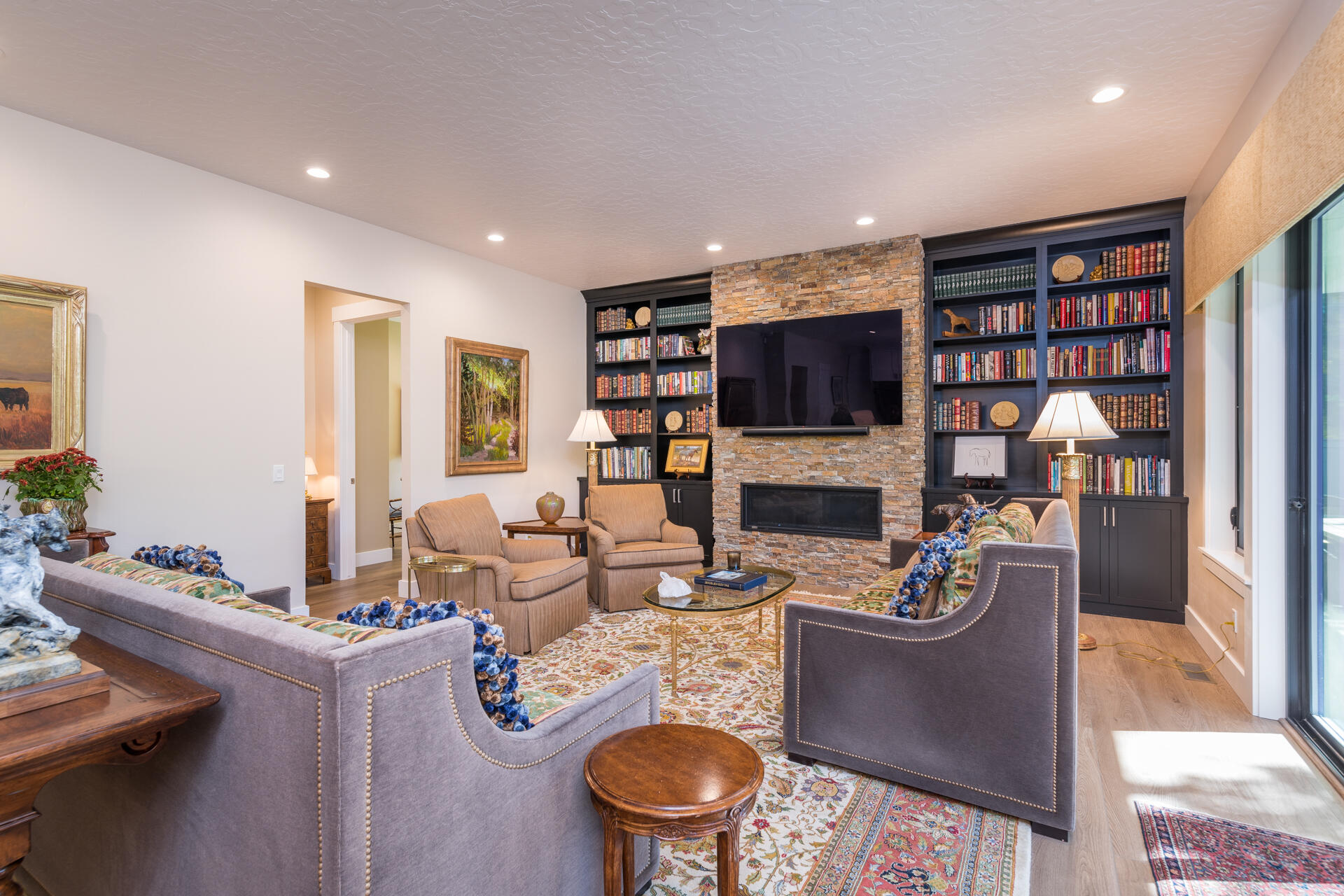 Gas fireplace and custom bookshelves