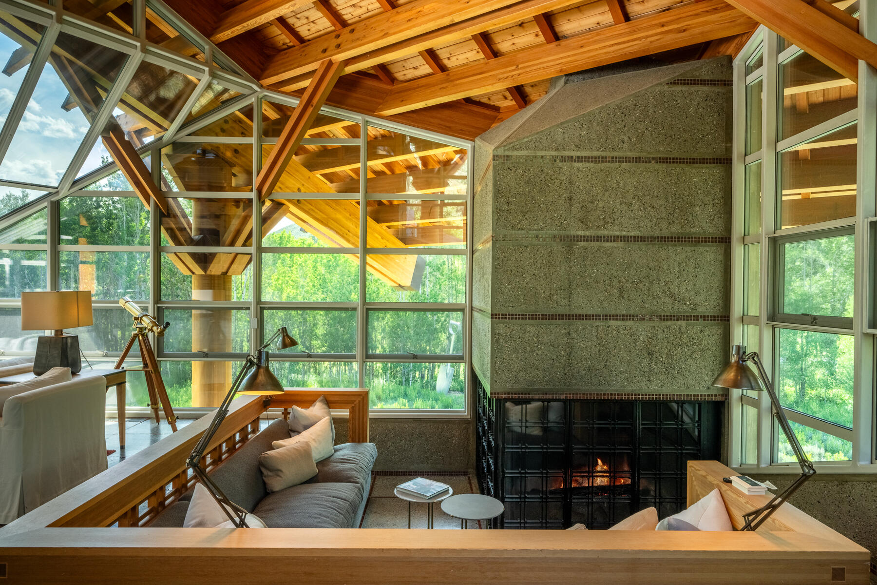 Sunken seating area with fireplace