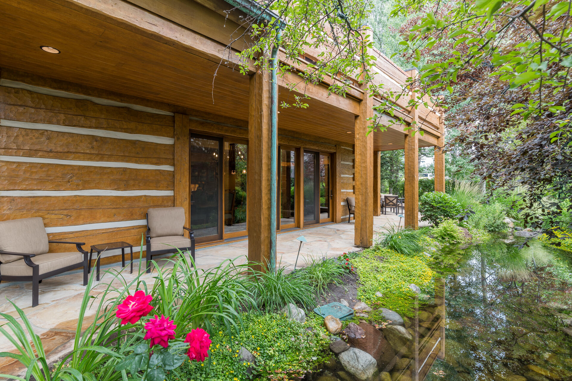 Patio next to pond