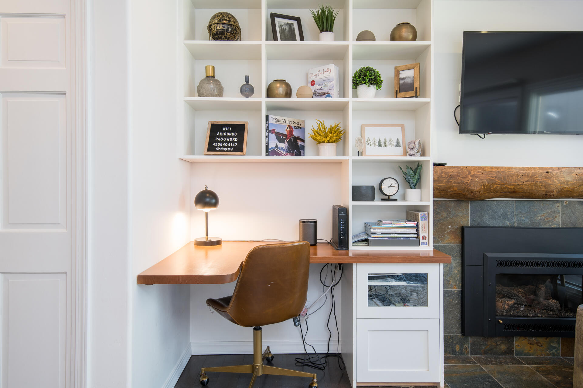 Work area and fireplace