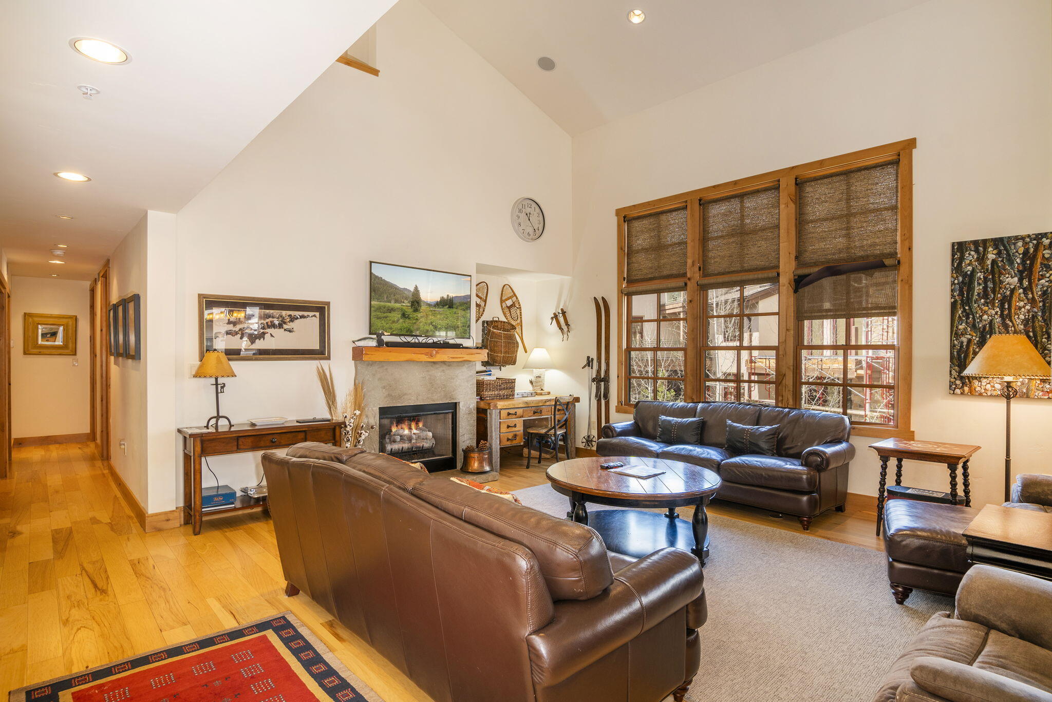 Open living with fireplace