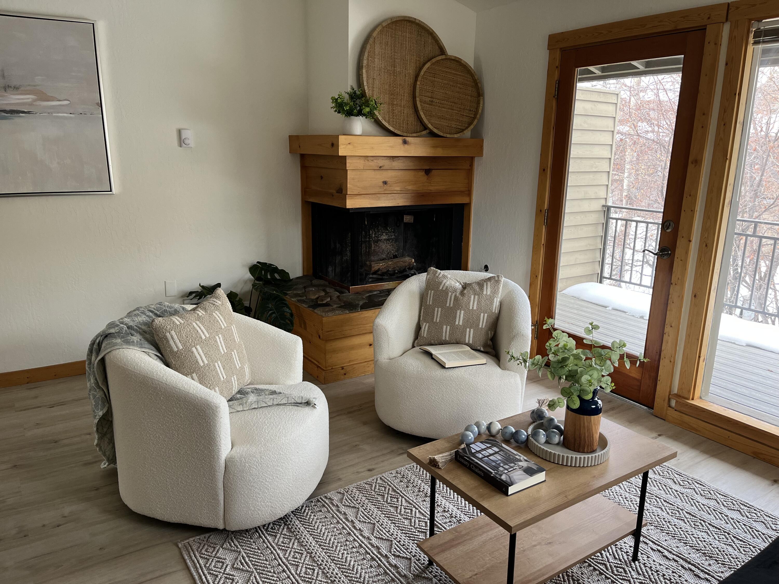 Living room, fireplace, Trex deck