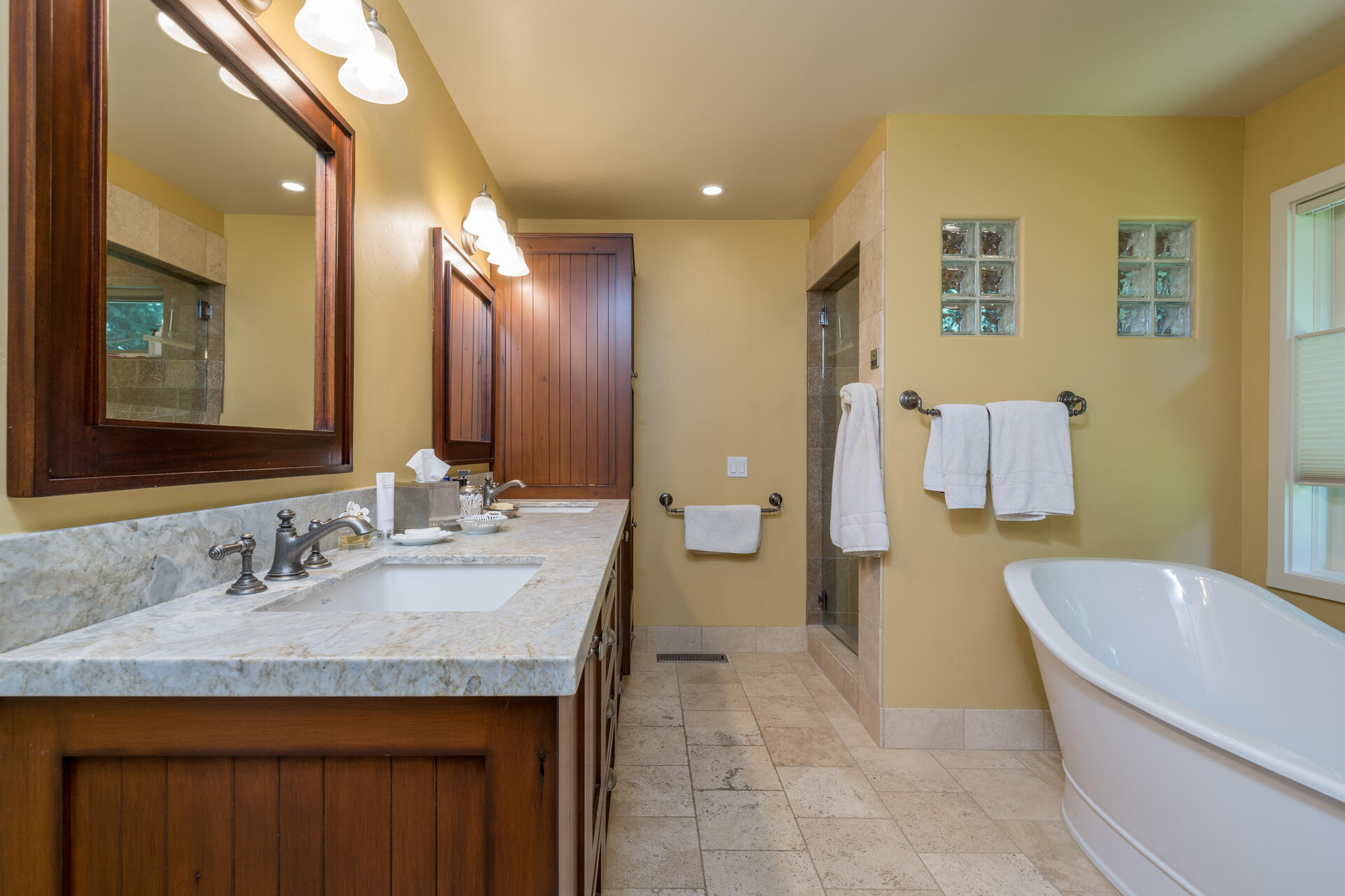 Large bathroom with soaker tub