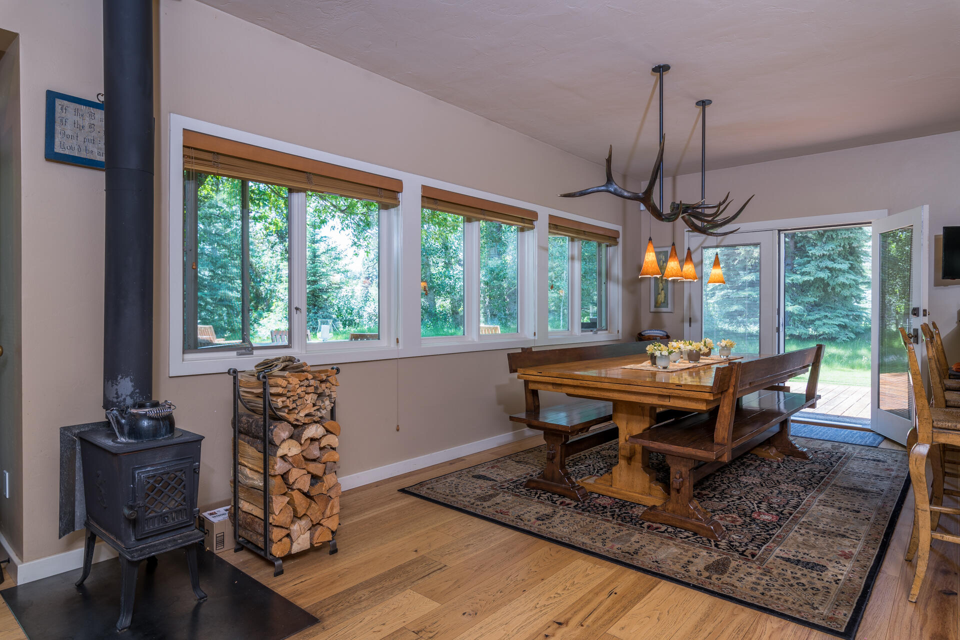 Wood stove by dining table
