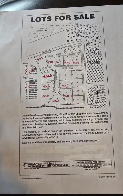 Vacant Land For Sale - BLK 2 LOT 8 Sunset Avenue-prairie Lane<br/> Mountain Lake, MN 56159
