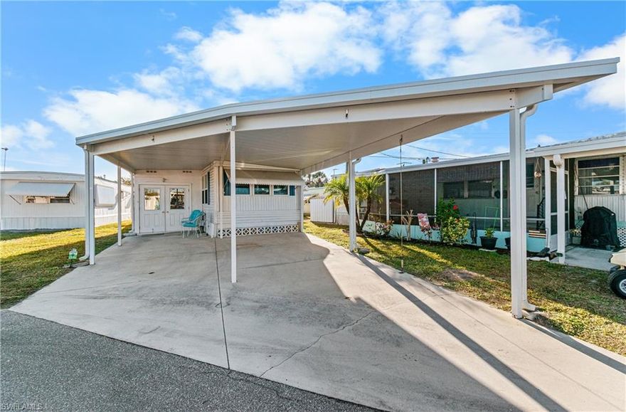 Welcome to easy Florida living in this charming 2-bedroom, 1-bath manufactured home located in a quaint 55+ community packed with amenities! Offered turnkey and well maintained, this home features new flooring throughout, an enclosed lanai, and both covered and uncovered outdoor patio space—perfect for relaxing or entertaining. You’ll also appreciate the extra-wide covered attached carport and a separate shed offering extra storage space. The community offers a pool, clubhouse, bocce, shuffleboard, fishing pier, and more, creating a true resort-style atmosphere. Conveniently located close to downtown Fort Myers, shopping, and dining, this is your chance to enjoy comfort, convenience, and an active lifestyle all in one place.