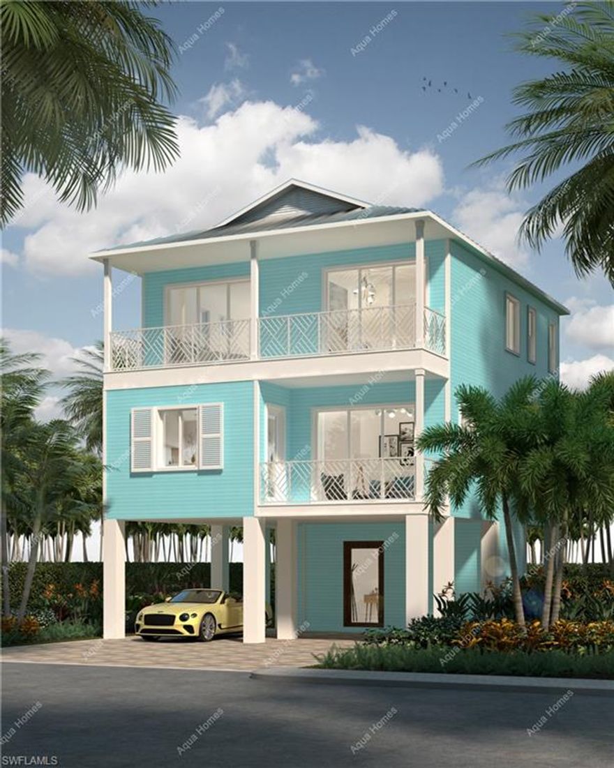 This 5 Bedroom, 5 bath, 3 story Bonita Beach home is located in the reimagined Bonita Village community and sets a new level of construction and features including: Private Gulf beach access steps away, premier boating from your newly constructed boat dock and sea wall just minutes from the Gull pass, concrete pilings, all steel frame and concrete construction by SPRAYROCK (Sprayrock.com), standing seam metal roof, center entrance and staircase with private elevator to all 3 floors, impact windows & doors, pink hypoallergenic drywall throughout the home and a distinctive distinctive Key West design. The quality of interior finishes are those you would expect in a much higher priced home. The open floor plan provides for the kitchen, dining and living room to be open to was other and to the covered lanai. the kitchen features widen countertops, custom cabinetry, Upgraded stainless swell Kitchen Aid appliances. The main floor master suite allows the home to live on one level with the 4 guest rooms/flex room all on the upper level.  Purchase now and you can still make all your selections.  Coming improvements to the community include buried power lines, re paved streets with curbs and new landscaping throughout including the entrance with assessments for these being paid by the Seller.  This is an opportunity to be a part of a Beach and Bay community where 100% of the homes are new.