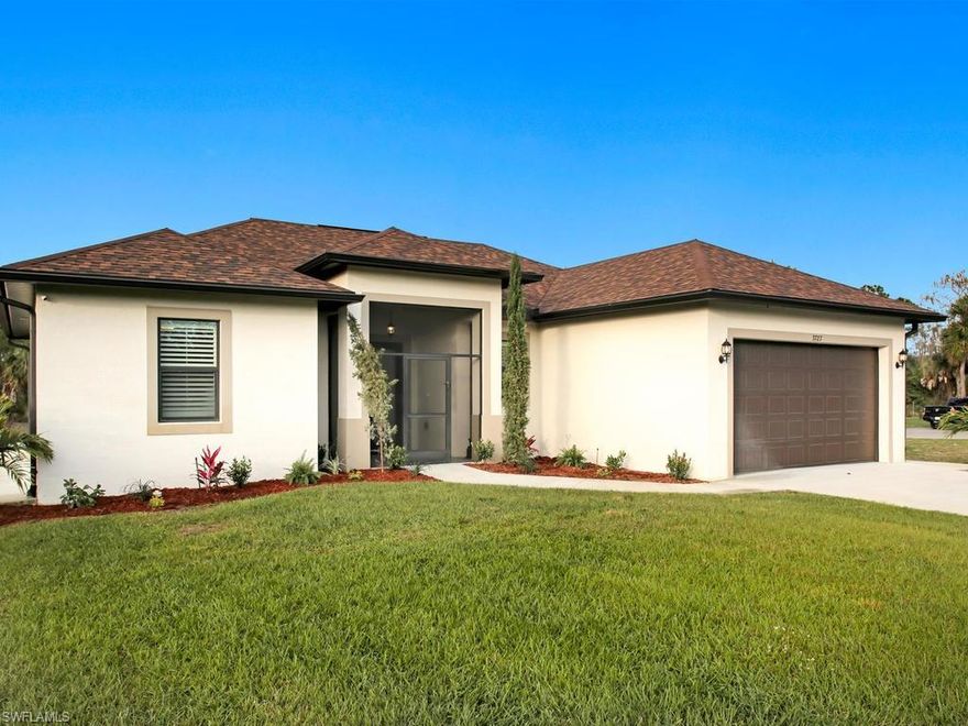 Located on 1.14 acres in Golden Gate Estates. This is a great opportunity to own a 3 bedroom 2 bath home built in 2018 with final touches you won’t find in a new construction house. For example: updated light fixtures throughout, plantation shutters, screened in front entrance, and outdoor concrete space to extend outdoor living. The home is just eight minutes away from the Publix Plaza and fifteen minutes away from restaurants and shopping centers. This home also features an open living and dining room area, split bedrooms, large walk-in closet in master, 10ft tray ceilings, stainless steel appliances, granite counter tops, impact windows & doors, tile floor throughout, screened in lanai, long paved driveway, and much more. Perfect for enjoying quality family time in the private and tranquil country lifestyle of Golden Gate Estate. Entire home is nicely maintained and cared for with plenty of land for you to enjoy.