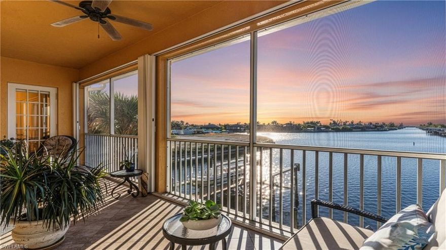 SUNSET VIEWS FROM YOUR LANAI! | Welcome to an exceptional opportunity in the highly desirable Blue Water Coach Homes community of beautiful Cape Coral, Florida — a serene, gated neighborhood of only 56 units offering canal and gulf access living with resort-style amenities and effortless proximity to shopping, dining, outdoor activities, and world-class waterways. With arguably the best view in the community - this meticulously maintained residence features YOUR OWN PERSONAL ELEVATOR, 4 bedrooms and 2½ bathrooms with a thoughtful layout showcasing tile flooring throughout the main living areas and plush carpet in the bedrooms, including walk-in closets with custom closet storage in the master suite. Enter into a bright and open floor plan accentuated by tray ceilings, crown molding, recessed canned lighting, and custom wet bar cabinetry with a free-standing ice maker, perfect for entertaining friends and family. The home offers practical upgrades including impact-rated PGT windows, a roof replaced in 2024, new gutters, A/C installed in 2024 (approx. 1½ years old) with line set to the outside installed, and a newer water heater installed 2025, giving you peace of mind and modern efficiency. Bedrooms are well proportioned, and the primary suite delivers generous storage, while the halls and bathrooms boast granite countertops and wallpaper accents for an elevated finish. The washer and dryer, six years young, stay with the home for added convenience, and the property is unfurnished allowing you to move in or stage with ease. Outside, enjoy Florida’s indoor-outdoor lifestyle on your private screened lanai overlooking serene water views — a perfect setting for morning coffee or evening sunsets on Cape Coral’s famed canals. Blue Water Coach Homes residents enjoy a community pool, spa, clubhouse, fitness area and a Tiki hut with scenic boardwalk space, all nestled into a tranquil setting that feels like a permanent vacation yet is just minutes from Matlacha Pass, Fort Myers Beach, Sanibel/Captiva, and the Gulf of Mexico — where boating, fishing, kayaking and beach excursions are part of everyday life. With an HOA fee of $2,415 quarterly, this home and community represent a rare blend of maintenance-free living, Florida lifestyle appeal, quality improvements, and location convenience in one of Southwest Florida’s most sought-after coastal markets. Don’t miss your chance to own this special property and live where others vacation — schedule your private showing today!