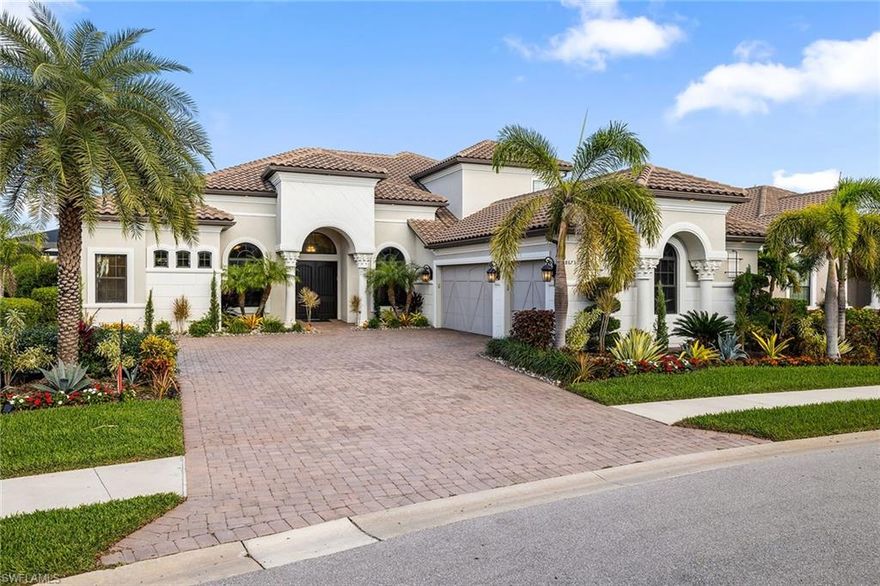 Stunning views from this highly desirable two-story Mercedes model overlooking the 7th fairway of Esplanade’s Troon-led golf course. Modern open living with this four bedroom plus a den, four full bathrooms, an upstairs bonus room with additional en suite bedroom and half bath, wet bar, 3-car garage all located on an oversized 0.72-acre lot. The grand entry flows seamlessly into the living room, dining room and chef’s kitchen complete with eat-on quartz island, quartz countertops, high-end Monogram appliances, natural gas stove and pantry. The primary bedroom offers two beautiful custom walk-in closets, custom electric shades with primary bath offering an immaculate glass-enclosed shower, free-standing tub and dual vanities. Continue outside to the oversized screened lanai outfitted with beautiful summer kitchen, heated pool with baja shelf and large spa all with views of the golf course through the panoramic screen. This home is offered furnished and with full golf membership! Esplanade features an 18-hole championship golf course, resort-style pool with cabanas, tennis courts, bocce ball courts, pickleball courts, full-service spa, attended fitness center, dog park, Bahama Bar, walking paths, and a stunning culinary center.