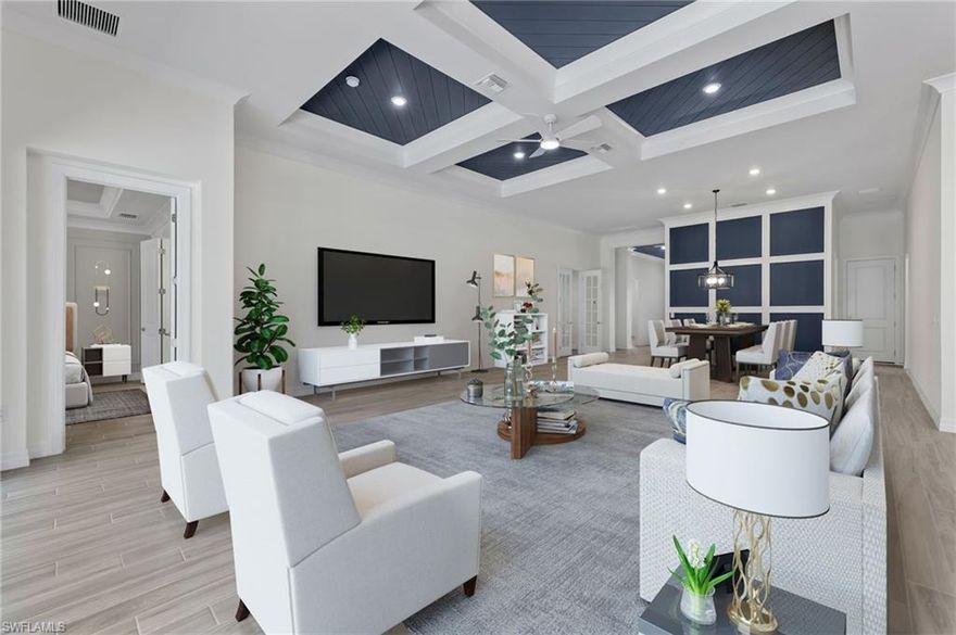 An amazing Stonewater Plan home by Pulte is now available in Bridgetown. This home is an entertainer's dream with 12 ft custom coffered ceilings and wide open spaces in the Living Room/Dining Room/Kitchen. You'll appreciate high-end plank tile and crown moulding throughout the entire house. In the Primary Bedroom, notice the beautifully crafted tray ceiling and wall treatment. The 2nd and 3rd Bedrooms each have a nearby Bathroom ideal for family and friends. The Den features glass French doors perfect for those who work from home. Step out to your lanai to truly appreciate the expanse of under truss space and the serene preserve views. The SW facing pool with spa is sure to please you. Relax and enjoy your new Florida home with hurricane screens for your lanai and accordion shutters to protect your house in stormy weather. Car enthusiasts will love the mini-split AC in the 3 car garage. Bridgetown amenities include a clubhouse, resort-style pool, chilled lap pool, state-of-the-art fitness center, bocce, pickleball, tennis, BBQ picnic area with firepit and a play area.  The upgrades on this property are too numerous to list.  Make an appointment to see it today!