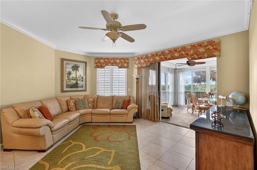 This 3-bedroom, 2-bath, 1,499-square-foot second-floor condo is located in the highly desirable Lexington Country Club in Fort Myers, Florida, offering bundled golf and a peaceful preserve setting. A screened entry leads into a thoughtfully designed residence featuring tile flooring throughout and a spacious, open living and dining area that feels bright and welcoming. The third bedroom is currently configured as a workstation, making it ideal for a home office or flex space. The kitchen stands out with updated raised-panel cabinetry accented by antique glazing, granite countertops, a standup pantry, stainless steel appliances, and an additional island with matching cabinetry and black granite—perfect for casual dining or entertaining. The air conditioner was replaced in 2018, adding everyday comfort and efficiency. The primary suite includes plantation shutters, a large walk-in closet plus an additional closet, and a well-appointed bath with wood cabinetry, black granite countertops, and a spacious walk-in shower with glass enclosure and tile surround. The guest bedroom also features plantation shutters, while the guest bath offers a Corian countertop and a tub/shower combination with tile surround. One of the highlights of this home is the oversized tiled lanai, complete with acrylic sliders, an extra storage closet, and electric roll-down hurricane shutters. The private preserve view creates a calm, garden-like atmosphere and the location is conveniently close to the community pool. Offered partially furnished, this condo makes it easy to settle in and start enjoying the lifestyle. Lexington Country Club is known for its bundled golf, mature landscaping, and prime Fort Myers location—just a short drive to beaches, shopping, dining, and everyday conveniences. This is relaxed Southwest Florida living at its best.