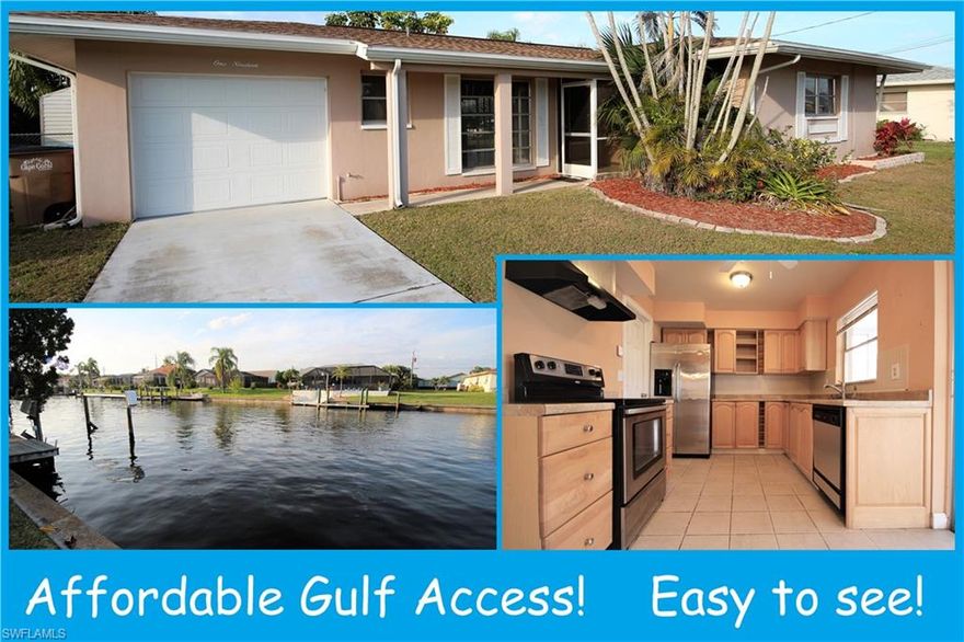 LOWEST PRICED GULF ACCESS HOME IN CAPE CORAL!  This is a very affordable Gulf access home in a central location!  It’s a good choice for boating enthusiasts as its located on a 100 ft wide canal with just one bridge out to open water.  Updated kitchen, tile flooring throughout & a large screened lanai- nearly 40 feet long.  3 sets of sliding glass doors too.  City water & sewer with assessments paid.  Master bathroom shower has been nicely updated as well.  There’s also extra storage courtesy of the backyard shed.  And the new roof added in 2018 will save you thousands.  Concrete dock at the waterfront.   Restore the boat lift & start enjoying this great waterfront location.  Home is ready for your personal touches and is easy to see!  Be sure to view the FULL VIRTUAL WALK-THROUGH TOUR OF THIS PROPERTY.