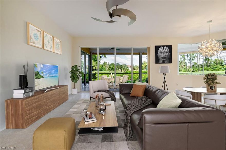 Welcome to effortless resort living at Avalon in Grandezza Golf & Country Club! This stunning first-floor coach home offers the perfect blend of comfort, style, and the Florida lifestyle you’ve been dreaming of. With three bedrooms, two and a half baths, and an attached two-car garage, this residence feels open and inviting from the moment you step inside. Expansive golf course views draw you in, with a large wraparound corner lanai—over 400 square feet of covered outdoor living space—overlooking the 12th fairway. It’s the perfect place to start your day with a quiet cup of coffee as the sun rises over the greens, watch golfers tee off, or unwind in the evening hosting a happy hour for friends as the sky softens into pastel hues. The spacious kitchen is both functional and elegant, featuring custom cabinetry by Cornerstone, quartz countertops, stainless steel appliances, built-in induction cooktop with lighted hood, wall oven and microwave, under-cabinet lighting, stylish tile backsplash, and a built-in wine bar with cooler. The open-concept layout flows easily into the living and dining areas, creating an ideal space for entertaining. The primary suite offers a luxurious retreat with dual custom vanities, backlit mirrors, a glass walk-in shower, separate water closet, and two large walk-in closets. For added convenience and peace of mind, Storm Smart electric hurricane shutters provide full protection year-round. Avalon residents enjoy their own private clubhouse and pool, while Grandezza takes resort-style living to the next level with its championship 18-hole golf course, six Har-Tru tennis courts, fitness center, resort-style pool with cabana bar and grill, and multiple dining venues ranging from casual to fine dining—all within a beautifully maintained gated community. Golf memberships are available but not required. The HOA takes care of nearly everything—basic cable, internet, water, sewer, trash, landscaping, building insurance - making this a low-maintenance luxury lifestyle. Ideally located near Miromar Outlets, Hertz Arena, Gulf Coast Town Center, RSW Airport, and just a short drive to the beaches of Bonita Springs and Naples, this home truly puts you in the heart of it all. Schedule your private tour today and discover why life at Grandezza is the perfect balance of sophistication, convenience, and fun in the sun.