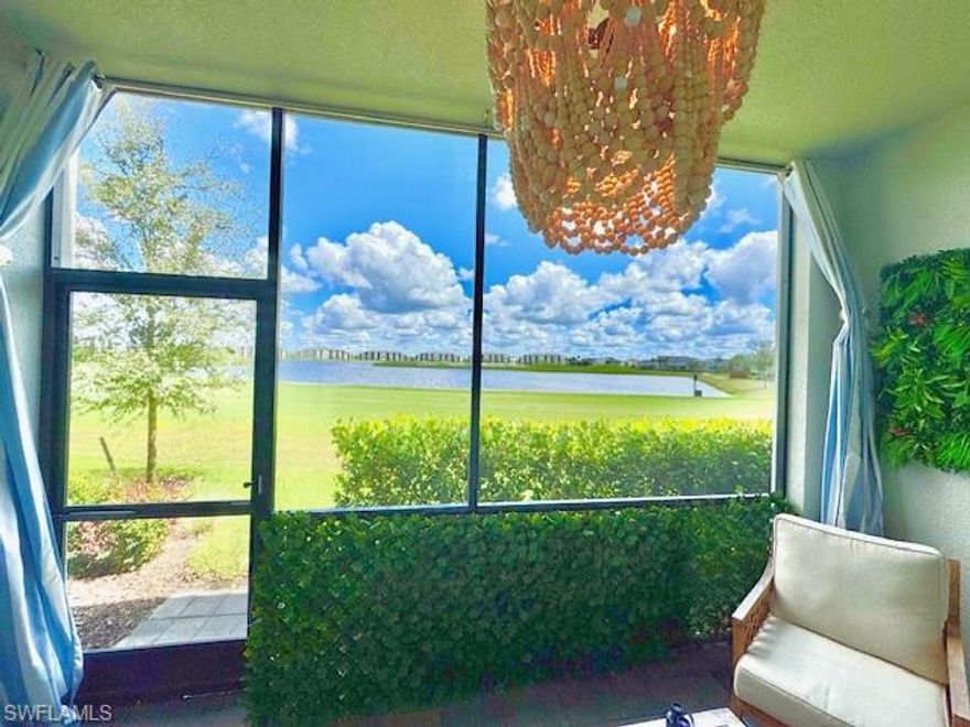 **Bundled Golf Membership and amenities package included** SELLER IS OFFERING $5,000 CLOSING COST CREDIT TO BUYERS. Waterfront views! Walk directly out to golf course Hole #1! ** One of the lowest priced Verandas with garage! Discover the epitome of resort-style living at this charming Bromelia Veranda model located at The National Golf & CC at Ave Maria. An exceptional opportunity awaits with this well-appointed home which has a nice history of repeat, top dollar, seasonal rental bookings for two years solid. Situated on a prime veranda lot, this residence offers an unparalleled location, directly accessible from the rear lanai to the renowned Gordon B. Lewis Championship 18-hole golf course situated by Hole #1. It's a golfer's paradise, positioned on the T-Box for Hole #1. The expansive water and vista views greet you from nearly every room, enhancing the serene ambiance of this home. The villa-style home features a comfortable and roomy floor plan with two bedrooms, two bathrooms, and an office/den that can serve as a third bedroom. The large primary suite is a retreat in itself, complete with two walk-in closets and a luxurious primary bathroom featuring double vanity sinks. The second bedroom bathes in natural light, offering a cozy and inviting space. Culinary enthusiasts will delight in the expansive kitchen, equipped with two white quartz countertop islands, perfect for entertaining. The home's upgrades include luxurious vinyl plank flooring in soft, beachy, honey-colored hues. Residents enjoy proximity to world-class amenities only a few yards away from your new home, including a state-of-the-art fitness center, spa, sauna, resort swimming pool, hot tub, and pool bar restaurant. The golf and country club offers pickleball, bocce ball, tennis, and more, ensuring endless leisure possibilities. The nearby quaint town Piazza provides shopping, dining, local events, and entertainment, all within a gated community offering a resort lifestyle. Email the listing agent for detailed golf hole descriptions, a pictorial map, and golf fees. Don't miss the chance to own this veranda golf home that perfectly blends luxury, prime location, and income potential. Ready for new owner!