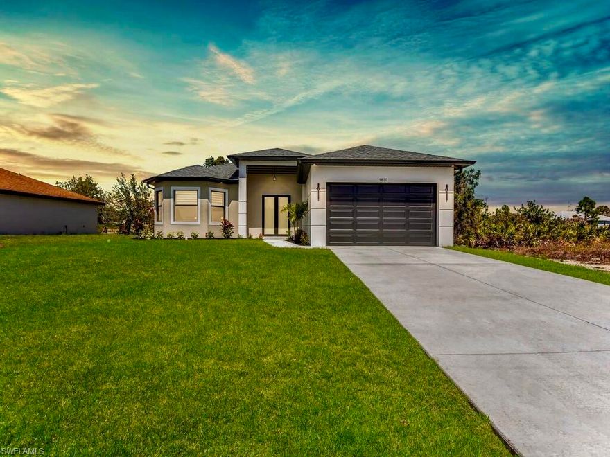 Welcome to this MARVELOUS (2025) BUILT completed 4/2 home nestled away on a quiet street in the HIGHLY DESIRABLE SW side. This GRAND elevation with flattering DOUBLE FROSTED front doors has Multiple TRAY ceilings & 8ft ultimate interior Doors plus a decorative IRON ACCENT at entrance spotlights an impressive OVERSIZED porcelain tile throughout, gorgeous QUARTZ rainfall countertops & backsplash with an inviting Attractive SHIPLAP breakfast bar, STAINLESS STEEL appliances, an admirable illuminated Accent wall, and SOFT CLOSE SHAKER cabinets with crown molding. It is nicely landscaped including a stone perimeter and highlights IMPACT WINDOWS & DOORS, outstanding TILED walk-in showers with FRAME-LESS glass doors plus rainfall & multiple shower-heads including built-in niches, brilliant soffit lighting, awarding dual sink vanities, elegant bidets, excellent HIGH SPEED internet, and dazzling premium fixtures. It also features pendant & recessed lighting, an EPOXIED garage & entrance, custom mirrors, a built in cabinetry pantry, ideal pocket doors, generous dual closets in master, a Laundry vanity sink, ZEBRA window treatments, and an awarding TILED & picture frame screened back patio great for entertaining. This property is NOT IN A FLOOD ZONE just minutes from all major amenities & a quick commute to Fort Myers! Schedule your showing today!