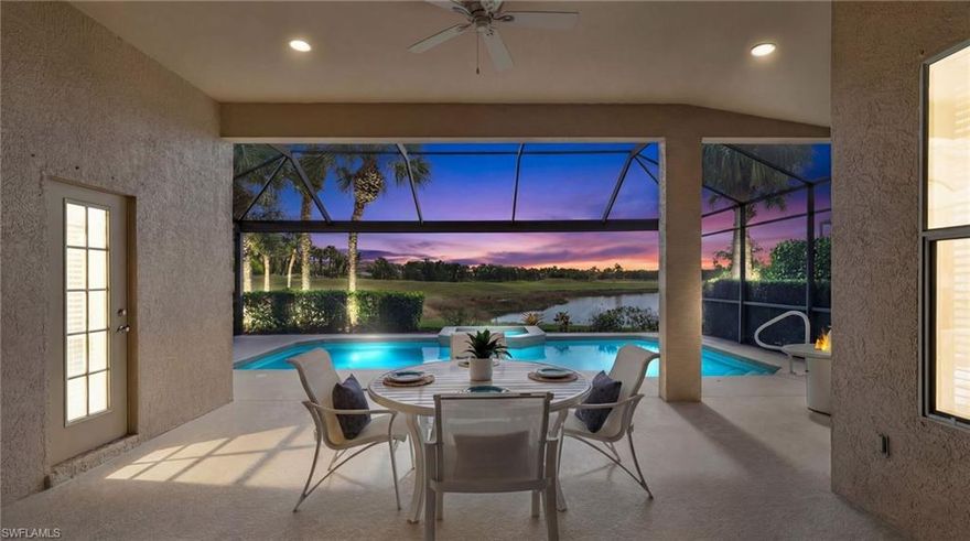 Set within the prestigious Miromar Lakes community, this extensively upgraded residence captures stunning panoramic lake and golf course views, overlooking the 11th fairway of the private Miromar Lakes Golf Club. Designed to maximize both scenery and natural light, the home’s open layout flows effortlessly to the outdoor living area, where a picture-frame lanai screen creates a dramatic backdrop of water and fairway vistas without visual obstruction.

Inside, modern upgrades and careful attention to detail are evident throughout. The renovated kitchen showcases custom soft-close wood cabinetry, granite surfaces, stainless steel appliances, and a spacious pantry closet, while oversized 24-inch tile flooring enhances the main living spaces with a clean, sophisticated look. Both bathrooms have been stylishly remodeled, offering updated finishes and enhanced comfort.

Recent improvements add exceptional value and peace of mind, including fresh interior and exterior paint, a newer Trane 5-stage air conditioning system, resurfaced lanai, updated gutters, pool pump, and a newly installed tile roof backed by a 10-year warranty beginning February 1, 2023.

The generously sized primary suite features a custom-designed walk-in closet and direct access to a convenient pool bath — a rare feature in this category. Large windows and ideal exposure allow sunlight to pour into the home all day long, creating a bright and welcoming atmosphere.

Residents enjoy access to the award-winning lifestyle of Miromar Lakes, recognized by the National Association of Home Builders as the #1 community in the country. This extraordinary waterfront destination offers 700 acres of freshwater lakes, miles of white-sand beaches, optional boat dock rentals, and endless recreational opportunities including boating, skiing, tubing, fishing, and sunset cruises. Conveniently located just minutes from the airport, the community also provides quick access to premier shopping, dining, and entertainment destinations throughout Southwest Florida.