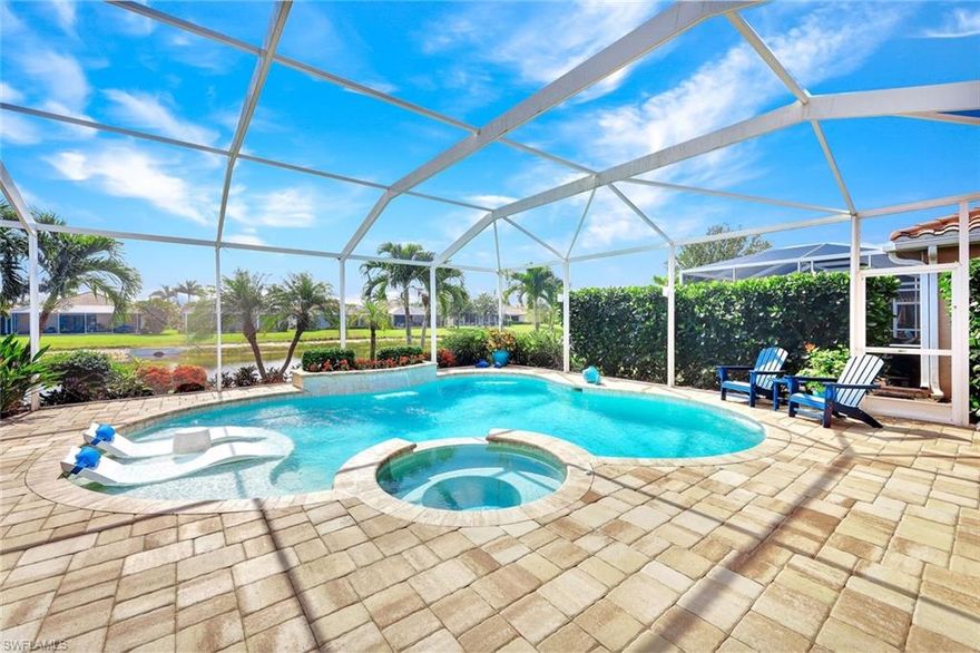 This BEAUTIFUL two story, 4 Bedroom + Den/Office/Dining Room, 3 Bath, lake view home is a must see!  There is a large Bonus Room upstairs which is Great for 2nd Living Room or Family Room.
The first floor has an open floorpan with a large luxury kitchen which was recently updated with new quartz countertops and an undermount single basin stainless steel sink with a luxury Kohler Pull-Down faucet. This amazing home features a custom designed, heated, saltwater resort-style pool and spa with waterfall. French Doors in the Great Room open up to the HUGE, GORGEOUS lanai. The oversized lanai(1840 sq. ft.)with hardscape deck is 16ft. high and includes an outdoor kitchen. This Smart-technology, automated home with Energy Star appliances has been professionally landscaped. Windows have automatic and accordion-style hurricane shutters. There is luxury engineered flooring and tile throughout majority of home. The home boasts custom ceiling lighting in the great room, bonus room and all 4 bedrooms. All 3 bathrooms have recently been updated with new quartz countertops, new sinks and faucets. Interior-design features include crown molding, plantation shutters and NEW ceiling fans throughout. The garage floor is epoxy coated. Reflection Lakes is a gated community with a Resort-Style Community Pool, Clubhouse, Fitness Center and Billiards.
All this comes with low HOA fees and NO CDD!