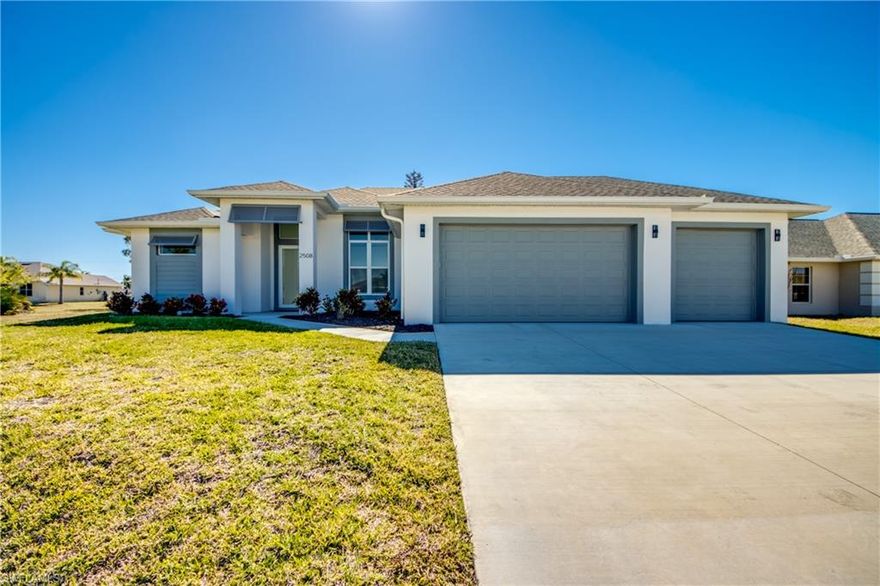 Stunning New Construction Home in SW Cape Coral – Built 2024

Welcome to this beautifully designed new construction home built in 2024, located in the desirable Southwest Cape Coral area. Offering 2,012 sq. ft. of living space, this modern residence features 4 bedrooms and 2.5 bathrooms with a thoughtful layout and upscale finishes throughout.

The heart of the home is the open-concept kitchen, showcasing granite and quartz countertops, a stylish backsplash, stainless steel appliances, and modern pendant lighting above the island—perfect for both everyday living and entertaining. Soaring ceilings, tile flooring throughout, and hurricane-impact windows enhance both the look and durability of the home. A designated dining area with a picture window fills the space with natural light, creating a warm and inviting atmosphere.

The spacious primary suite offers private access to the lanai through elegant French doors. The primary bathroom features a double vanity and a large walk-in shower with a rain shower head, delivering a spa-like experience. Guest bedrooms are generously sized, and the guest bathroom includes a bathtub, ideal for family or visitors. The home also includes a laundry room inside the residence for added convenience.

Step outside to enjoy the southern exposure, a large covered patio, and plenty of space to add a future pool. A convenient half bath accessible from the patio makes outdoor entertaining effortless. The property also boasts a three-car garage with epoxy flooring and upgraded half Bahama shutters, adding both functionality and eye-catching curb appeal.

Ideally located with easy access to Pine Island Road and Fort Myers, this home is just 4 minutes from Burnt Store Boat Ramp and less than 10 minutes from Cape Royal Golf Club. Enjoy proximity to excellent schools, dining, shopping, and entertainment, all within a quiet, growing neighborhood that offers both convenience and tranquility.

This move-in-ready home combines modern luxury, a prime location, and exceptional outdoor potential—a must-see property in SW Cape Coral.