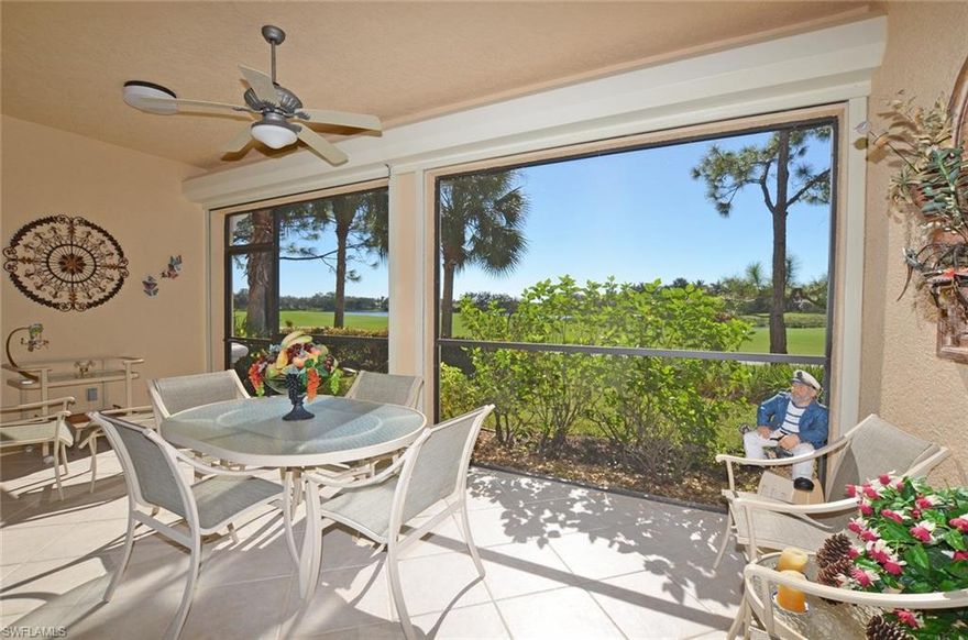 HIGHLY MOTIVATED SELLER! Located within the highly-desirable Fiddler's Creek community of Deer Crossing, this ground floor open concept residence is perfectly situated with expansive sun-drenched southern golf and lake views.  Tasteful upgrades including large tile on diagonal, crown molding, electric storm shutters, and high-end window treatments.  Turnkey furnished with designer touches make this home a warm and relaxing retreat.  Well thought-out design includes large master suite, wide entry area with feeling of openness and space, generous open living area spilling out to large lanai, extended kitchen with dinette, and separate dining area. AC 2016. All this and more is why this residence stands alone when compared to other Deer Crossing properties.  And of course the world-class, award-winning amenities of Fiddler's Creek, including active tennis program, state-of-the-art fitness center with large selection of programs and classes, resort-style pools with waterfalls, active social scene including excursions, on-site holiday events, casual and fine dining, and spa services including massages and facials.  Golf, boating and beach memberships available.