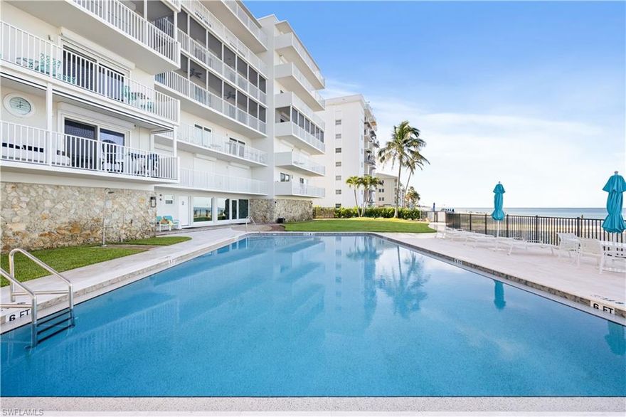 Dreaming of spending your winter in a beachfront property? Gulf Towers is a boutique condo building with only 36 residences, and allows you to enjoy miles of white sandy beach. This building has just completed a major exterior and interior renovation as of 2022. Gulf Towers offers elevators, private beachside pool, and unobstructed views of the Gulf of Mexico. This 5th floor residence has 1300 sq. ft. of living space and offers a spacious and open floor-plan of the living and dining areas, which is wonderful to entertain by and /or watch tv. The primary bedroom has a king-size bed, built-in desk, spacious closet, and private bath. The guest bedroom a queen and has use of the hall bath. The private open lanai/balcony that can be accessed through the living room , as well as the primary bedroom, and overlooks the tropical gardens in front of the property. Enjoy morning walks on the beach, and sunsets by the pool and beach. Walking distance to Edgewater Beach hotel and Naples Golf and Beach Club, to enjoy a lovely sunset with dinner. Just a bike ride sway from 5th Ave and 3rd Street in downtown Naples! Beachfront Pool and newly updated Community Room, Tropical garden area for grilling. There is covered Parking with large storage room. Looking for a relaxing lifestyle on the beach with a sea of restaurants, shopping and live music minutes away!!!