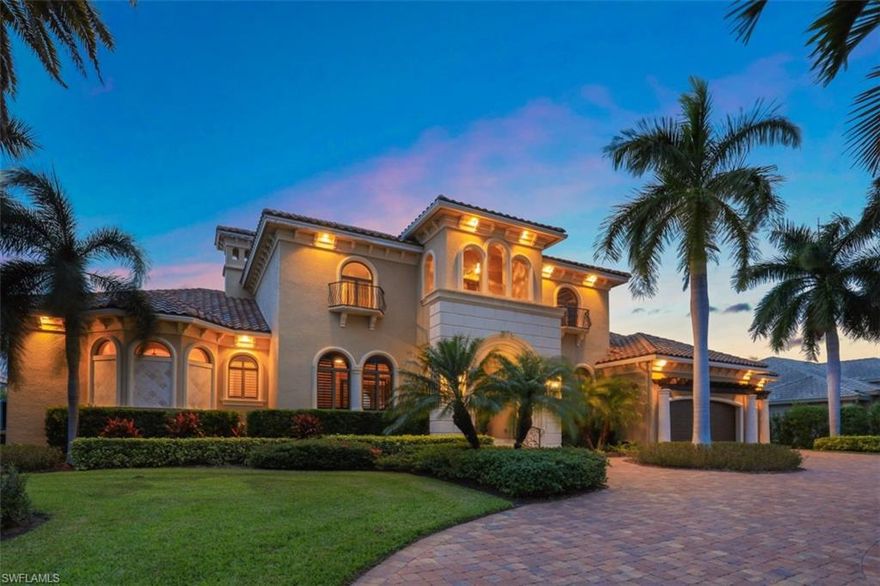 Quality constructed home in highly desirable area. Oversize lanai and large pool with jacuzzi, outdoor kitchen and outdoor bar with stone accented walls, and pool bath. Great neighborhood with long water views of angled canal. Large kitchen with coffered ceilings, butler pantry adjacent to formal dining room. For informal dining, there is a breakfast bar and a good morning room. Next to the kitchen lies an oversized family room with walls of sliding impact glass and a flat screen TV. The master ensuite and a second bedroom are split on each side of the home on the ground floor as well as a good sized den separate from the living areas. On the second floor, you will find a billiard/game room with wet bar, your own private movie theater as well as an oversized second floor lanai with tongue and grooved ceiling. The outdoor lanai is ample with plenty of lounging, dining and entertaining areas. Enjoy daily sunsets with the western exposure and afternoon sun.