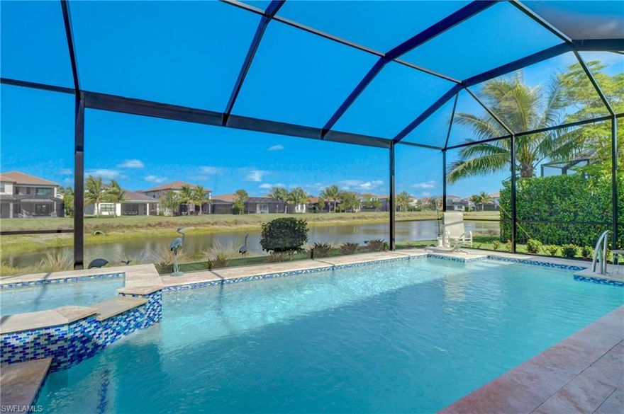 This Cabernet Model is in pristine condition and is move-in ready featuring three bedrooms, three baths, 3-car garage, and a spacious den with beautiful hardwood flooring. There are many upgrades including a tank-less water heater, travertine pool deck, lanai kitchen with built-in Bull (top of the line) gas grill, stand alone fire pit, and refrigerated drink center. There is a lake view picture window in the lanai screening to enhance the view. For privacy calusa bushes have been added to the landscaping in the backyard. Whole house Impact Hurricane glass and Fenetex retractable hurricane screens assures safety during storms along with a whole house natural gas generator. Extended lanai with sun screen, Fire pit, Crown throughout. Gated front lanai with fan. No hurricane damage, Stone Creek Amenities include resort style pool, lap pool, fitness center, yoga studio, hobby room, 4 pickle ball courts, 5 lighted tennis courts, in door and outdoor full court basketball courts, and playground. Low HOA Fees, and Top rated schools. Close to airport, beaches, dinning, shopping, and excellent medical facilities.