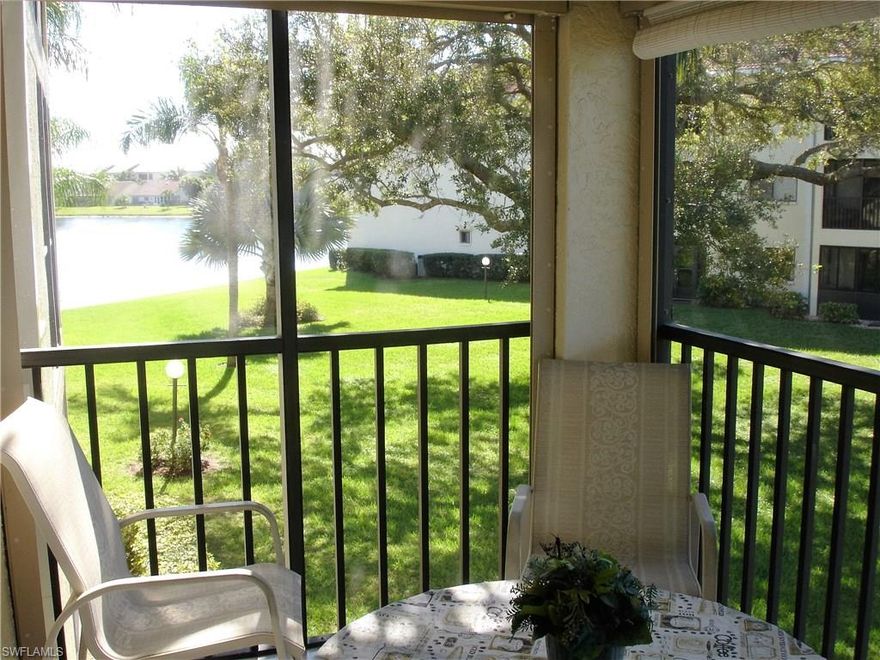 Nice second floor unit with view of the lake and landscaped area.  Tile floors, screened lanai with shutters.  Newer appliances and HVAC system.  Full time activities director with great programs. Close to three beaches Sanibel, Fort Myers Beach and Bunche Beach.  Low condo fee of $330 per month.  Approximate taxes are $2,300 a year or with homestead $1,700.