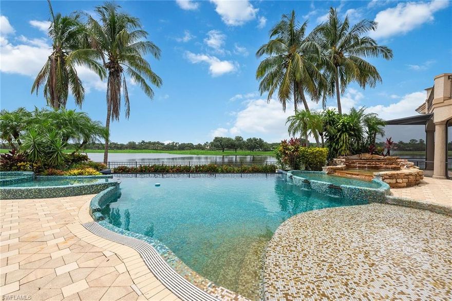 Country living in a distinctive custom-built estate home on over an acre in a low-density, gated community, featuring two award-winning 18-hole championship golf courses, an abundance of wildlife and first-class amenities. Enter the foyer and immediately capture the expansive lake and golf course view equaled by very few homes in Naples. Other special features include a mosaic-tiled infinity-edge pool with a sun shelf and spa, a generously proportioned lanai and pool deck, a bar and temperature-controlled wine storage room, a gourmet-style kitchen with a gas stove and large pantry, custom woodwork and finishes, marble/stone flooring, voluminous ceilings and a grand foyer with a spiral staircase leading to a second-floor billiard room and guest suite with its own balcony/sun deck. Enjoy luxury living in a country club-style community on 1,115 acres that is matched by very few communities in Naples.
