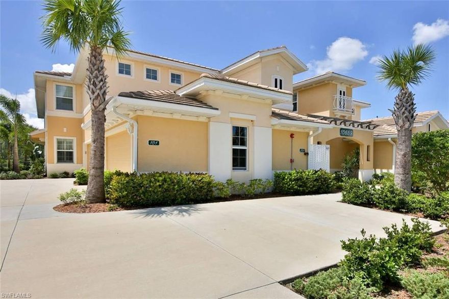 Exceptional location - beautiful views.  There is a huge WOW factor with this 3 bedroom/2 bath/2 car first floor Carriage home.  The unit was built in 2014.  IMPACT GLASS, GRANITE, Custom Back splash, Stainless Appliances and Plantation Shutters grace this lovely home.  In additional the Lanai is tiled and has electric "drop-down" shutters enabling you to close off the lanai from the elements while you are away.  The kitchen offers a walk-in pantry and a large granite island perfect for entertaining.   Come see what Pelican Preserve has to offer the active adult --  Tennis, Golf, Fitness Center, Spa Services.....a dog park and more...