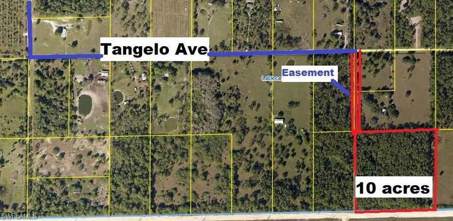10 acres. A lot of pine trees and oaks. Plat map shows easement when community was established. One side is fenced. Secluded land. Make it what you want.