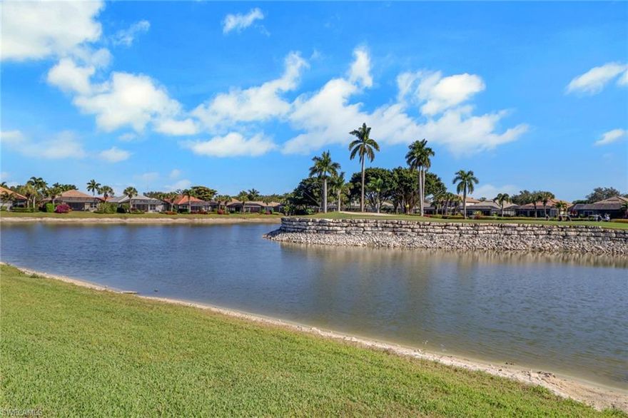 STUNNING LAKE & GOLF COURSE VIEWS from Palmira’s Signature Hole 8 on the Osprey Course. IT'S NOT TOO GOOD TO BE TRUE - COME SEE FOR YOURSELF. Offered FURNISHED, this home has a lifestyle floor plan with the primary bedroom and living room on the first-floor. The second floor has two bedrooms, a full bath, and a loft family room, providing lots of private space for visiting family and friends. Just some of the MANY features and updates include: front entry coat closet; 2023 kitchen stainless steel appliances including refrigerator, stove, sink, microwave, and Calcutta Quartz countertops; 2023 Profile washer and dryer; 2023 hot water heater; 2018 roof. Interior and exterior have been repainted. Throughout the home you’ll find crown molding, plantation shutters, eyebrow window molding, and recessed lighting. There are electric hurricane impact shutters on the first floor, and manual accordion shutters on the second floor. There are walk-in clothing and storage closets. The lanai has a salt-water pool, new pool heater and pump, picture window screen, and sound speakers. There are two A/C units; garage with apoxy floor and great storage. Palmira Golf & Country Club is a much-desired community offering abundant amenities to suit an active, social lifestyle. It’s convenient to nearby shopping, entertainment, restaurants, beach access & SWFL Airport. All residents are members of the newly-renovated Renaissance Center Club, complete with a lagoon-style and olympic-style lap pool, spa, restaurant, patio grille, 5450 sf fitness & wellness center, 8 tennis courts, 4 pickle ball courts, 4 bocci courts and more! Palmira Country Club Golf Members enjoy a 41,000-square-foot clubhouse, dining room, grille room, outdoor fire pit, pro shop, billiards, tennis, and a 2021 renovated Gordon Lewis designed 27-hole golf course.