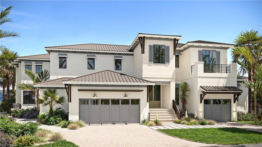 Impressive, custom-built home by The Lykos Group, Inc. situated on the very few key lots left in Marco Island with stunning views and direct access (no bridges) just minutes by boat to the Gulf of America, Isle of Capri, Marco Island Yacht Club, World Famous Snook Inn. Over 170 feet of river frontage, serene paradise with an abundance of bird watching, wildlife, dolphins, manatees and crystal clear water views An amazing 6,230-square-foot estate home featuring five bedrooms, club room, loft, home office/exercise room, three car garage with an option of adding two car lifts, private elevator, whole home generator, 500 gallon propane tank, featuring a second floor balcony rain-curtain waterfall into the resort style pool, exquisite materials and ceiling details are just some of the features to be found in this beautiful custom home. Ready for you to begin your dream of waterfront living Spring of 2026. Renderings are labeled.