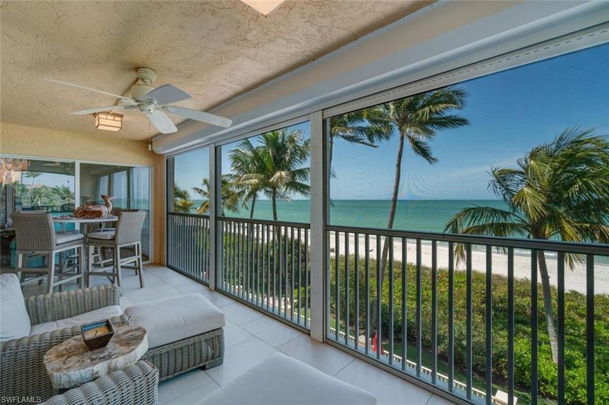 C.17290 - An extraordinary one of a kind opportunity to acquire the 3rd-floor residences of Sandcastle at Vanderbilt Beach! Listing includes one bay view unit and both beachfront units with a total of over 68 feet of linear footage on Vanderbilt Beach. Sandcastle's position is situated a good distance from busy public openings allowing a tranquil beach experience. The two beachfront units were conjoined but could easily be reversed back to three separate units. All properties have been magnificently updated in a fabulous coastal contemporary ambiance. This is a terrific location to invite your large family and extended stay guests. This glorious beachside package offers 7 full suites 3 boat slips, 4 car fully enclosed gated garage and more. Sandcastle improvements include a new roof and new elevators already completed and fully funded.