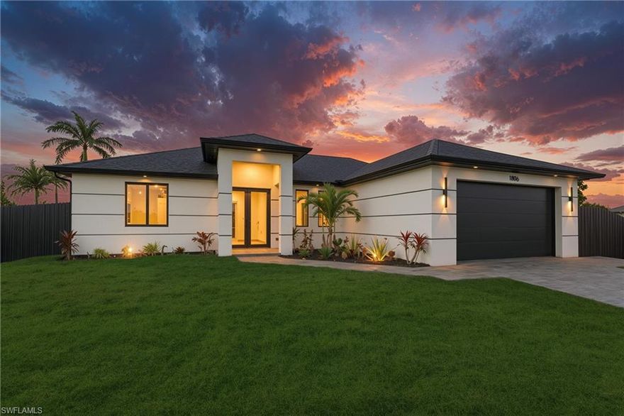 Beautiful new construction home in Cape Coral with 3 bedrooms and 2 bathrooms, offering 1,400 sq ft under air. Open-concept layout with modern kitchen, quartz countertops, stainless steel appliances, and elegant finishes.

Features a private SWIMMING POOL, covered lanai, impact windows and doors, energy-efficient systems, and paver driveway.
No HOA. Move-in ready. NO FLOOD ZONE