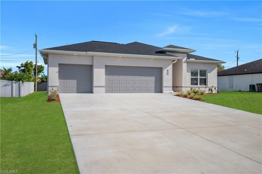 Beautiful brand-new construction home offering 4 bedrooms, 2 bathrooms, and a spacious 3-car garage, competitively priced as one of the best values in Cape Coral. This property features an open and functional layout with abundant natural light, spacious walk-in closets, and a dedicated laundry room with washer and dryer included.
The modern kitchen is designed for both style and functionality, showcasing granite countertops, stainless steel appliances, 42-inch cabinets, and a large center island—perfect for entertaining and everyday living. Both bathrooms include granite countertops, dual vanities, and tiled walk-in showers.

Additional highlights include impact-resistant windows and doors, reverse osmosis water system throughout the entire home, and a 2-10 builder warranty for added peace of mind.

Situated in a quiet and growing area, this home offers convenient access to schools, shopping, dining, and major roads. Not located in a flood zone and no HOA fees.