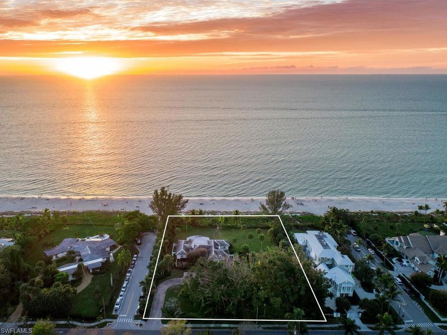 Situated on approximately 240 feet of beach frontage, as per plat and/or deed, it may be generations before another coveted property of this size, in this exceptional location becomes available.  If you are one who wishes not to be constricted by the dimensions of an average building envelope, your opportunity is here. This highly sought after and rarely available property is one of the most unique properties in Naples.  Located in the heart of Old Naples, this spectacular beachfront property offers a rare lifestyle opportunity. Perfect location for the buyer who seeks beachfront living and the convenience of being in close proximity to the city's Fifth Avenue South cultural district. The improvements and/or structures on the Property are being sold in their "As-Is" condition.  See confidential remarks or contact Listing Agent for offer instructions. Approximate lot size per plat and/or deed.