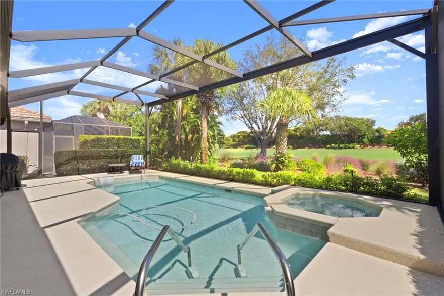 Welcome to the Cypress floor plan located in Cinnamon Ridge at Copperleaf within The Brooks in Estero Florida. This single level home has no steps and an open layout that feels comfortable from the front door to the lanai. This is the true three bedroom version of the Cypress with the third bedroom in the hall for guest privacy or a quiet workspace. The foyer has been updated and the overhead soffit removed for a clean entrance that flows into the living and dining areas.

The home shows pride of ownership. The updated kitchen features solid surface counters with the look of granite and pull outs in the cabinets and pantry. LVP flooring runs through the main living areas and hardwood floors add warmth to the guest bedrooms. Major systems are addressed with an AC replaced in May 2025 and a roof in June 2019. The pool heater and pump were replaced about two years ago.

The lanai has smart roll down storm screens for protection and shade. The pool enclosure was updated in April 2021. The pool and spa face east and overlook a lush golf course view with tropical landscaping. The picture window screen creates an unobstructed view that blends into the greenery beyond.

Copperleaf is a bundled golf community with full golf membership included in home ownership. The remodeled clubhouse offers social events and dining along with tennis and pickleball. The Commons Club provides an optional path to beach club access memberships. Lawn care is included and the gated entry adds peace of mind for seasonal or full time residents. The location offers quick access to Coconut Point Mall and The Commons Club at The Brooks and Southwest Florida International Airport.