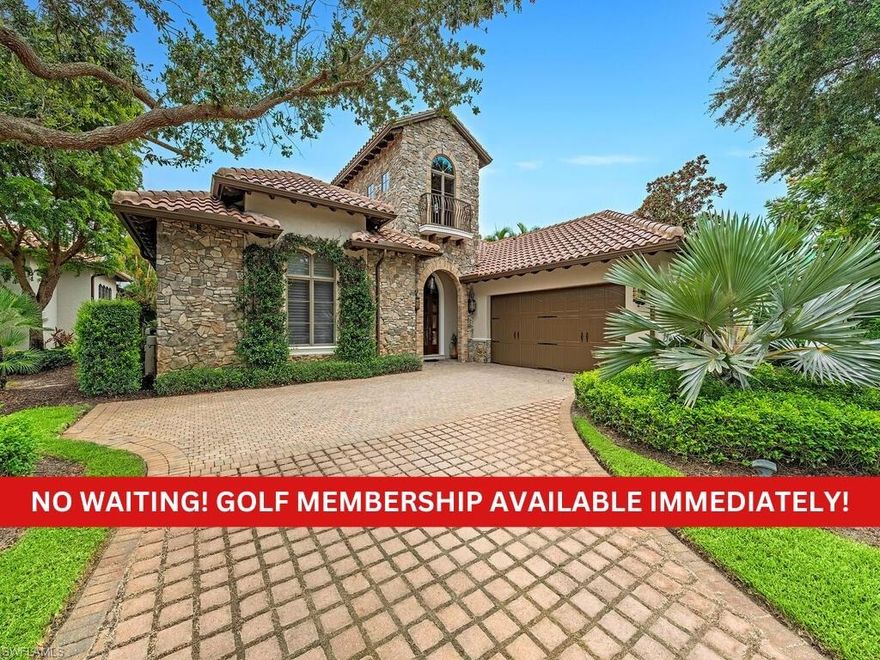 Welcome to 17240 Germano Court, a stunning villa within the prestigious Mediterra community in Naples, FL. This exquisite home combines timeless elegance & charm, boasting four bedrooms & a den with four full & 1 half baths,  luxurious features & captivating lake & golf course views. Details of wood-beam ceilings, arched passageways, and French doors infuse the interior with character & sophistication. The marriage of marble & wood flooring creates an inviting ambiance throughout the home. The spacious living area is perfect for entertaining, with a wine refrigerator & wet bar. The gourmet kitchen is a culinary masterpiece with top-of-the-line stainless steel appliances and a large center island. Retreat to the private courtyard, ideal for relaxation and al fresco dining. The outdoor kitchen & fireplace are perfect for hosting gatherings. The primary suite is a sanctuary of comfort, featuring his and her walk-in closets & a luxurious ensuite bathroom. The home is even equipped with a generator. Full Golf Membership availability slot-good until/only if buyer closes by 10/18/2023.