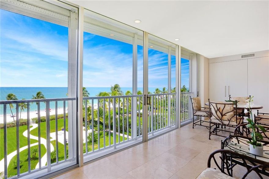 Enjoy exceptional direct beach views from this sophisticated and timeless residence. Sited on the fifth floor, this 3,445 sq. ft., 4-bedroom, 4-bath condominium features updated and refined interiors with an open floor plan connecting the living spaces with nature's coastal setting. Natural stone and white oak hardwood flooring, a sleek and modern kitchen with custom cabinetry and high-end stainless steel appliances, spacious walk through pantry and extensive storage are just a few of the highlights of this exceptional home. The master en-suite with a spa-like bathroom boasts its beachfront sitting area and custom-designed walk-in closet. Three additional bedrooms, one with a covered balcony, offer flexibility and privacy for family and guests. Located on Gulf Shore Boulevard in Coquina Sands, this beautiful beachside home provides a gracious and quiet setting with on-site manager, community room, pool, and remarkable beachfront garden all within proximity to Old Naples' shopping and dining district.