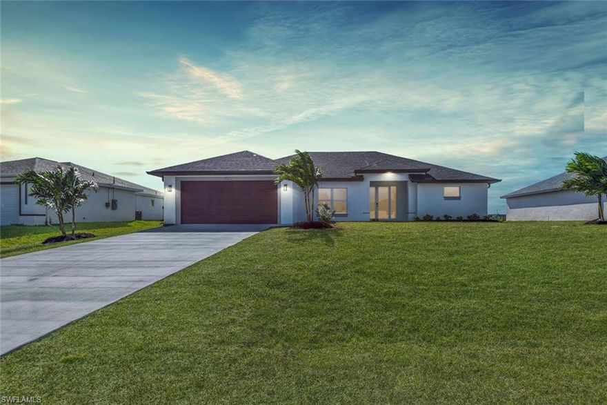 Spacious 4 Bedrooms and 2 Baths. HUGE Master suite, Luxurious master bathroom with a spacious shower, his and hers separate walk-inclosets, & double sinks. Don's miss this new construction home located in a great Cape Coral area! Hurricane season ready with IMPACT WINDOWS and DOORS! High vaulted ceilings, porcelain tile flooring, and LED recessed lights throughout. OPEN CONCEPT kitchen with whitec abinets and island with QUARTZ countertops, & stainless-steel appliances. Very easy to show.