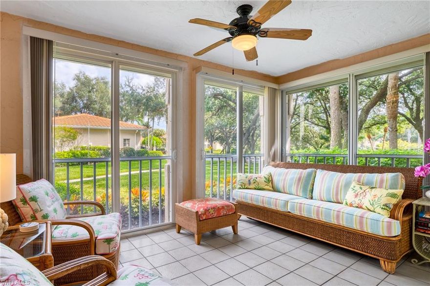 Beautifully upgraded large 1st floor 2/2 condo in desirable Tuscany at the Vineyards. Tropical decorator finishes throughout. Comfortable split floor plan. Rich chestnut grained luxury vinyl flooring in living areas. Tiled baths, kitchen, lanai. New baseboards, crown molding, 6-panel interior doors. Clean bright kitchen, mocha granite countertop/breakfast bar, warm blonde soft-close cabinet doors, undermount sink. Reserved covered parking. New roofs, pavement sealing, landscaping in last 4 years. Community pool/clubhouse just steps away. Tuscany is a smooth-running, active condo Association with professional management. High-speed internet/enhanced TV. Grocery, pharmacy, fitness, veterinarian, restaurants, & more in the Crossroads Market Center, a short walk/bike ride away. Optional membership in Vineyards Country Club offers Wellness Center, golf, tennis, pickleball, dining, & special member events. See attached details. Existing lease with tenant occupancy Jan-April 2022, new owner must honor. This is a rare opportunity to own a well-maintained, tastefully upgraded condo in a friendly, welcoming Naples community!