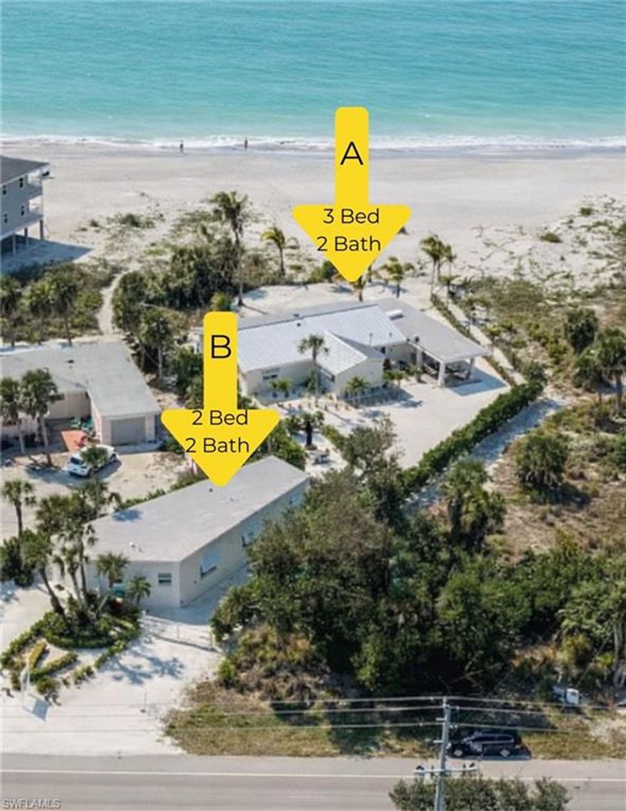 Seller financing available. Own a stunning slice of heaven right on the beautiful beach of Manasota Key. 76 feet of beachfront! Approx 115 Ft From House To Beach. Nearly 3/4 of an acre directly on the beach with TWO extremely high end properties that produce over $250k per year in rentals. House 1 features 3-bed, 2-bath 1799 Sq Ft Sleeps 8, and House 2 features 2-bed, 2-bath 1181 Sq Ft. (Sleeps 8) NO expense has been spared with the remodels on both structures. New metal roofs w 26 gauge rustproof aluminum, mechanically seamed at 40-50 yr life span. 2025 2 New A/C s, impact turtle glass w custom blinds, sealed, spray foam insulated concrete, on demand hot water heaters, electrical, plumbing, and more. Professionally decorated with top of the line Taj Mahal Quartzite throughout, artisan hand crafted ceilings, crown molding, surround sound speaker systems, high end hardware throughout, completely turnkey top to bottom.