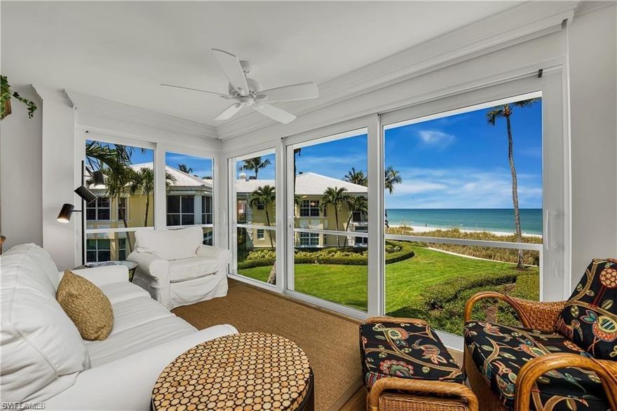 C2938.  Footsteps to the sand from your 2nd floor Villa in Billows on the Beach. Tastefully Renovated, completed in 2017 after being taken down to the studs. All new hurricane PGT Windows, WinDoor Sliders with Mul-T-Lock security deadbolts. 100-year-old wide plank oak Hardwood Flooring throughout from Naples Flooring. Quartz counters in the kitchen with Wolf/SubZero appliances, induction cooktop, and top of the Line Italian ultra-quiet exhaust fan. Corner storage on both sides of the sink with under cabinet lighting & outlets. Plantation Shutters and custom matchstick window coverings throughout. Interior motorized blinds on lanai for sunshades. New AC air handler in 2019 with electronic filtration. New hot water heater in 2016. Both AC and Hot Water tank have been relocated to the attic for more interior space. Private laundry in Villa with full sized washer and dryer. Solid brass polished nickel hardware in Kitchen and Bathrooms. Rohl fixtures throughout. All new water lines. All LED Lighting. Imported Italian Tile in Bathrooms. Built in linen closet in guest bath. MBR walk in closet light is on sensor. Built in custom closet systems. New molding detail and DC fans. A Must See!