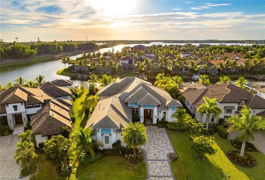 ENJOY SOME OF SOUTHWEST FLORIDA’S MOST SPECTACULAR SUNSETS FROM THE PRIVACY OF YOUR SPACIOUS, COVERED LANAI! Located in the quiet, secluded neighborhood of Salerno, 
this Coastal Inspired Residence built by Seagate in 2018 offers 4 Bedrooms plus Study, 4 Full Ensuite Baths, Powder Bath, Cabana Bath, 3 Car Side Entry Garage, and just under 4000sf of Living Area. Superior craftsmanship details and high-end finishes are showcased throughout the home. Epitomizing the SWFL lifestyle, the 1800sf Outdoor Area is appointed with a Custom Saltwater Pool, Private Spa, Retractable Screen/Shutter Combo, Natural Gas fed Double Sided Fireplace, Grill, and Firepit. Boaters will love the Private Dock (with lift, water/electric service) and 700 acres of navigable lakes. Inside the gates of Miromar Lakes, voted multiple times as the #1 Community in the US, residents have access to 3 miles of White-Sand Beach and 5-star Amenities, including the Beach Clubhouse, Blue Water Beach Grill, 10,000sf Zero-edge pool, 2 Marinas, Tennis, Bocce, Pickleball, Spa & Fitness, Concierge. Golf memberships are available to the Arthur Hills designed 18 Hole Championship Course. Located just 10 minutes to the airport!