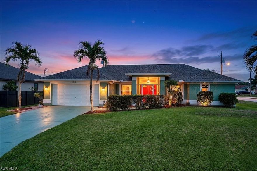 Welcome to this bright and beautifully maintained 3-bedroom, 2-bathroom home offering 1,589 square feet of comfortable Florida living on a desirable corner lot in sought-after Southwest Cape Coral. The open floor plan is filled with natural light and features a smart split-bedroom layout, perfect for both everyday living and entertaining. The lushly landscaped yard stays picture-perfect year-round thanks to a full irrigation system, adding stunning curb appeal with minimal effort. Step out back to your large screened lanai complete with a hot tub—the ultimate spot to unwind and enjoy those beautiful Southwest Florida evenings. The home is connected to city water and sewer, and sits in Flood Zone X, outside the Special Flood Hazard Area, for peace of mind. Located in one of Cape Coral's most desirable areas, you'll enjoy easy access to the waterfront dining, boutique shopping, and vibrant marina atmosphere at Cape Harbour and Tarpon Point Marina. Rotary Park Environmental Center, Sirenia Vista Park, and miles of walking and biking paths are just minutes away, along with a wide variety of restaurants, cafés, and retail along the Pine Island Road corridor and Cape Coral Parkway. Fort Myers Beach, Sanibel Island, and Southwest Florida International Airport are all within about a 35-minute drive. This is Southwest Cape Coral living at its finest—schedule your private showing today!