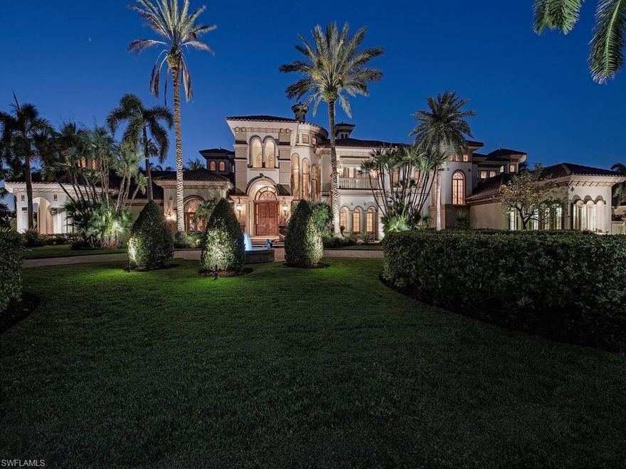 The Estates at Bay Colony, a community definable by no other statement than "Naples' most luxurious estate homes," now offers a residence so special that by comparison on any level, there is no equal. Secluded on a double lakefront estate site, this palatial estate incorporates only the finest materials and artisanship across the 15,247 sq. ft. of living area and exudes a rich European aesthetic. The residence is distinguished by a total of eight-bedroom suites, His and Her studies, a gourmet kitchen, a handsome hidden pub / billiards room, home theatre, and endless views of the lake and golf course from nearly every room. Ideally located on the ground-level, the master suite is nothing short of lavish with His and Her Dressing rooms, a sprawling bathroom befitting of royalty, as well as an adjacent sitting room that could serve a multitude of functions. Offering an impressive landscape for entertaining and relaxing, the exterior living environs host a sprawling logia with motorized screens, a fully-equipped outdoor kitchen, a magnificent pergola, as well as a 50' lap pool with water-lounge and spa - all of which is surrounded by Ritz Carlton styled cabanas. Additionally encompassed on site is a two-bedroom guest house complete with a full kitchen and living room, as well as a six-car capacity four-bay garage plus golf cart bay. It is without a doubt that this home exceeds all expectations and is a "must see" for the most discerning prospects.