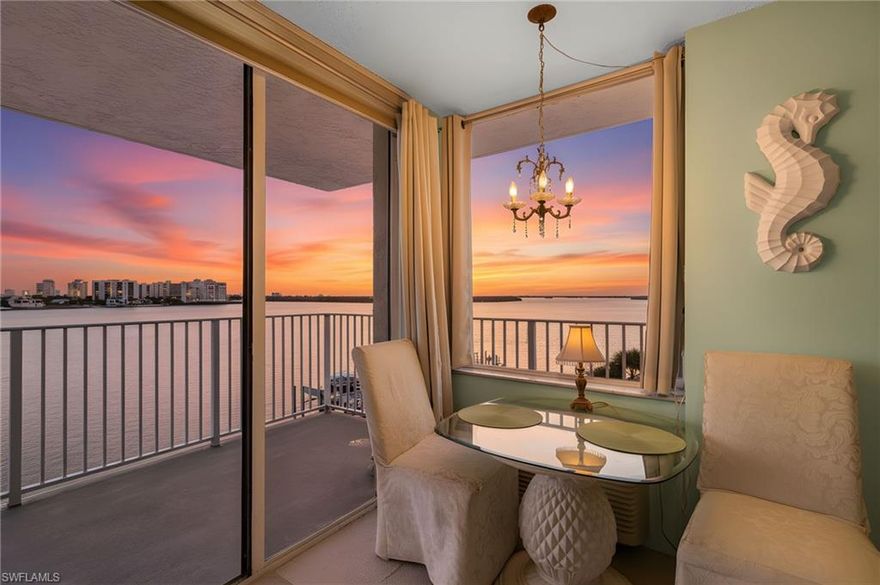 VIEWS!!! Wake up to dolphins and fall asleep watching spectacular sunsets. This 4th floor condo offers the most coveted stack in the building, delivering breathtaking panoramic views of both the Gulf and Estero Bay, while catching both sunrises and sunsets! Enter this turnkey furnished retreat and discover a thoughtfully designed 1 bed/1 bath oasis that captures the essence of island living. The open layout flows seamlessly onto a generous balcony where you can sip your morning coffee while watching marine life and boating enthusiasts. Rare in unit laundry, a tankless water heater for endless hot showers after beach days, and a recently updated a/c. The resort style amenities include lounging on the private beach beneath tiki huts, swimming in the heated pool, unwinding in the spa, or grilling fresh catch at the community barbecue area. Secure gated community, and the beloved Flippers waterfront restaurant is located just moments from your door. With weekly rental options available, this property presents an exceptional opportunity for investors or those seeking a flexible vacation lifestyle. Nearby Lovers Key State Park offer endless outdoor adventures. Close to shopping, restaurants and a quick drive to Bonita, Naples and RSW Airport.  Schedule your private showing today.