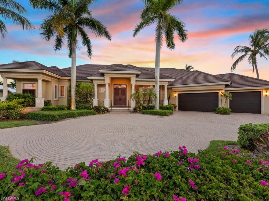 Understated elegance with coastal flair. Immaculately maintained, highly upgraded, 3-bedroom plus den, 3.5-bath, waterfront home, offered furnished, featuring direct Gulf access via Roberts Bay. Fabulous interior details include tray and coffered ceilings with wood inlays, art niches, beautiful slate floors in main living areas and lanai, plus hardwood and tile, crown molding, custom lighting and cabinetry, surround sound and beautiful furnishings throughout. Entertaining options abound; the gracious living area overlooks the lanai and pool with preferred southern exposure, adjacent butler's pantry and wet bar. Great room flows seamlessly to the chef's dream kitchen, which boasts a large island with prep sink, Wolf 6-burner gas range, Sub-Zero built-in fridge/freezer with 2 beverage drawers, built-in desk and pantry. Stunning outdoor living area with gas-heated pool and spa, gas fire pit and outdoor kitchen with grill, sink and fridge. Bring your boat; there's a 40,000-pound lift and dock with water, electric and fish cleaning station. New roof 2018, new generator 2021, 3-car garage with AC and insulated doors. Exceptional location in Marco Island on a private half-acre homesite.