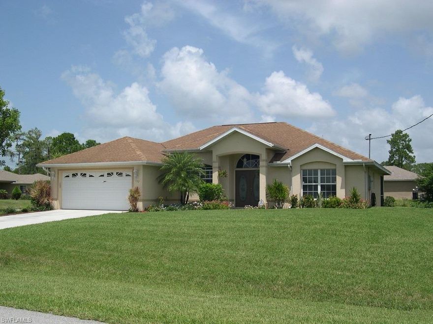 3/2/2 on well landscaped .37 ac. corner lot located in Greenbriar community. Home in "move in condition". Features include: kitchen with picture window over sink, generous working area, pantry, appliances and easy access to garage. Master bath includes large walk-in shower, separate w.c. area and dbl. vanities. Living/Dining provides sliding glass doors to screened in lanai and relaxing view to rear. Plenty of room for furniture and a swing. Third bedroom also opens onto lanai. Cathedral ceilings are present in living/dining area with display shelves for your collections. Kitchen has high flat ceilings and well placed lighting. Window coverings are included except master bedroom drapes do not convey. Full irrigation system provides 3 zones with automatic or manual setting capability. Conveniently located for easy access to Fort Myers or the East Coast. A must see to appreciate comfort and maintenance of this home.